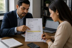 A financial advisor shows a woman an AFORE statement and points to the return rate section on the paper.
