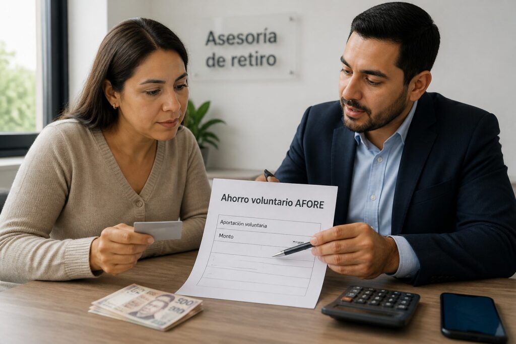 A Mexican woman and a financial advisor review an AFORE voluntary savings form at a desk with cash and a calculator.