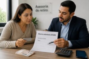 A Mexican woman and a financial advisor review an AFORE voluntary savings form at a desk with cash and a calculator.
