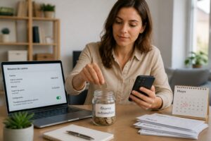 Woman at a home office setting up an automatic savings transfer on her laptop while putting euro coins into a labeled savings jar