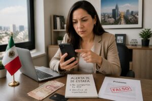 Mexican woman at a desk checking a suspicious message on her phone next to a laptop and scam warning notes in Spanish