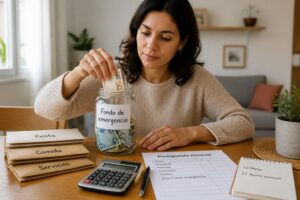 A woman puts cash into a jar labeled emergency fund while reviewing a budget sheet and calculator at home