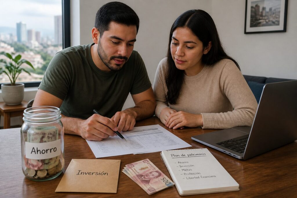 A Mexican man and woman review a savings plan at a table with a jar labeled Ahorro and Mexican pesos.