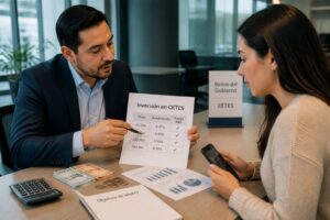 A financial advisor in Mexico explains CETES investment documents to a woman at a desk with Mexican pesos and a calculator.