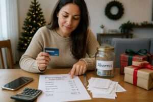 Woman planning a Christmas budget with a calculator, receipts, savings jar, and a credit card on a table