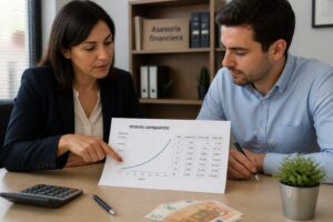 A woman financial advisor points to a compound interest chart on a Spanish document while a man reviews it at a desk.