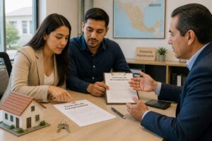 A Mexican couple compares a home purchase contract and a rental contract with a real estate advisor at an office desk with keys and a model house.
