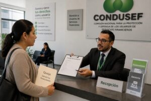 A woman files a financial complaint at a CONDUSEF office reception desk while a receptionist hands her a claim form.