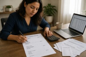 Woman at a home table writing a monthly budget on paper while using a calculator and laptop.