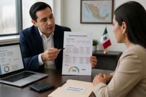 A Mexican financial advisor explains a Spanish credit bureau report to a woman at a bank desk.