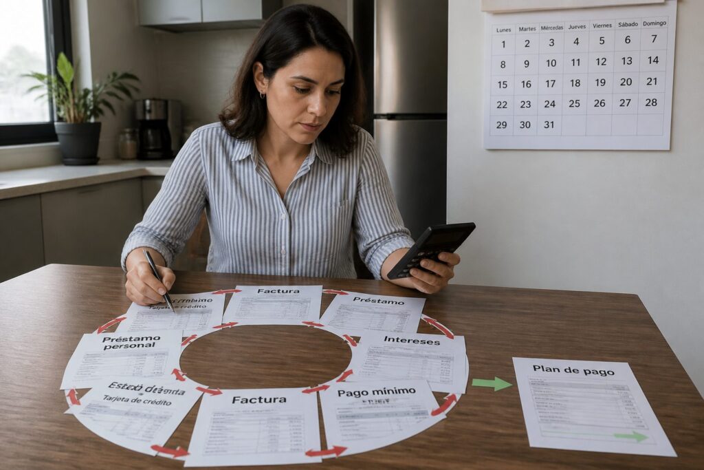 A woman reviews Spanish loan bills and credit card statements with a calculator, with papers arranged in a circle and a payment plan set aside.