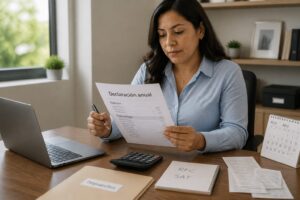 A woman reviews an annual tax return document at a desk with a laptop, calculator, and receipts.