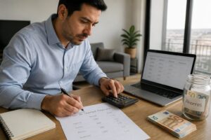 A man at a desk uses a calculator and a budget sheet to estimate the money needed for financial freedom.