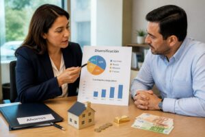 A financial advisor explains a diversified savings plan to a man using charts and different investment objects on a desk.