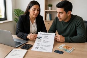 A woman financial advisor explains a budgeting and credit worksheet to a man at a desk with a calculator and a credit card.