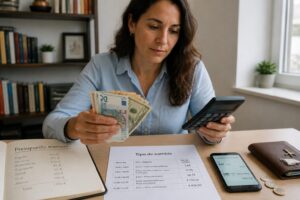 Woman at a desk comparing euros and dollars while calculating a monthly budget and checking an exchange rate sheet