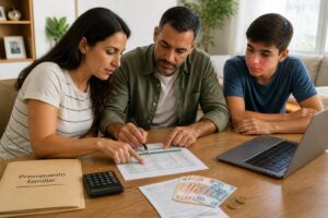 A man and woman discuss a family budget at a table with bills, a calculator, and euro cash while a teenager listens.