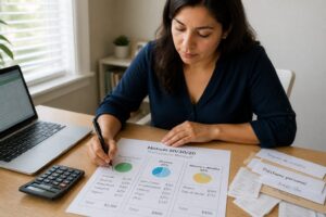 A woman reviews a budget worksheet with needs wants and savings categories while using a calculator at a desk