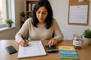 A Hispanic woman writes a monthly budget in a planner while using a calculator, with labeled savings envelopes and an emergency fund jar on the table.