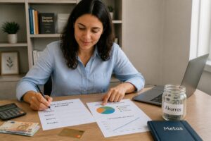 A woman writes a personal financial plan on paper while using a calculator and reviewing savings and debt notes at a desk.
