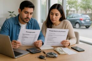 A Hispanic couple reviews a budget and loan preapproval papers at a table with car keys and a model car while planning to buy their first car.