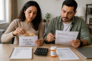 A man and woman at a table organize cash and review Spanish medical expense papers while planning an emergency fund.