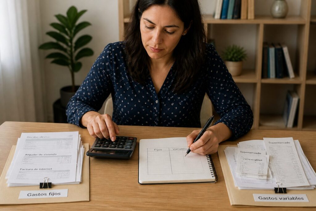A woman at a desk uses a calculator while sorting bills into folders labeled fixed expenses and variable expenses.