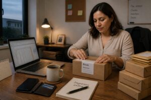 A professional adult works on a laptop while packing a small order at a home office desk to earn extra income without leaving their job.