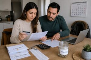 A man and a woman review bills and a budget at a kitchen table while holding a credit card and using a calculator.