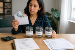 A woman reviews cash from an opened envelope and sorts it into labeled savings jars while planning on a notepad.