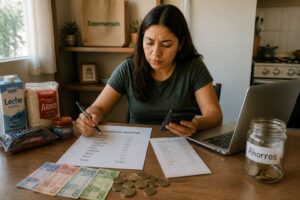 Mexican woman reviews peso cash, a grocery receipt, and a monthly budget sheet while using a calculator at a kitchen table.