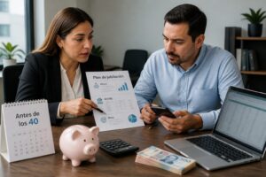 A Mexican financial advisor explains a retirement plan document to a man in his thirties at an office desk.