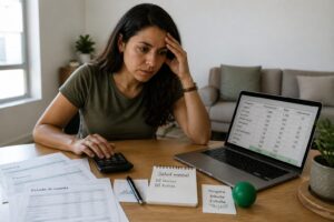 A woman reviews bills and a budget on a laptop while holding her forehead, with a Spanish notepad about mental health on the table.
