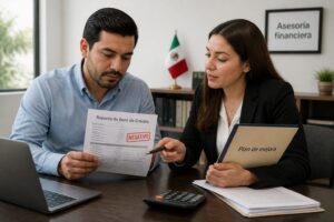 A man in Mexico reviews a negative credit bureau report with a financial advisor at an office desk