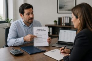 A man presents a salary raise proposal document to a woman manager during a professional office meeting
