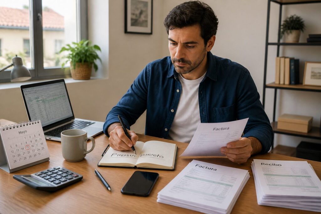A self employed woman at a home office desk sorting invoices and budgeting with a laptop and calculator