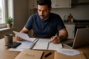 Man at a kitchen table sorting bills and writing a budget after receiving a job termination letter