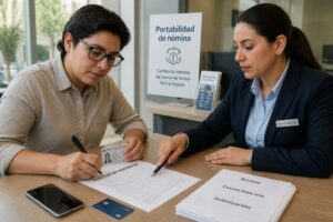 A Mexican bank advisor helps a professional sign a payroll portability form at a bank desk.