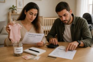 A Spanish couple reviews a baby budget and savings plan at a table while holding baby clothes and using a calculator.