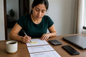 A Mexican woman organizes Spanish debt bills on a table and marks them in priority order with a pen and calculator nearby.