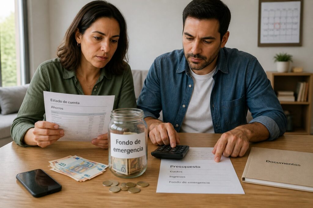 A man and woman review a budget and bank statements at a table with cash and an emergency fund jar.