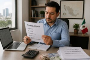 Mexican professional reviewing a Spanish document about passive income options with pesos and a calculator on the desk