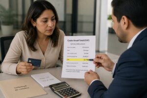 A woman reviews a loan document showing the CAT while a financial advisor points to the annual total cost section on the paper.