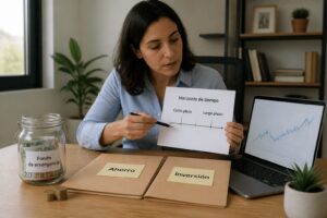 A woman at a desk compares folders labeled saving and investing while reviewing a short term and long term plan.