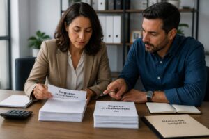A financial advisor helps a man compare insurance documents, separating needed policies from unnecessary ones on a desk.