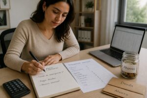 Woman at a desk writing financial goals in a planner and checking off a completed goal beside a budget sheet and savings jar.