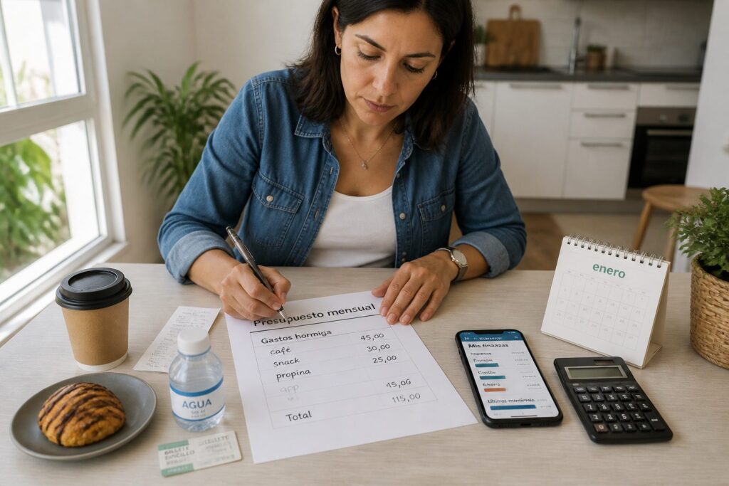 Woman at a kitchen table calculating small daily expenses with receipts, coffee, and a budget sheet.