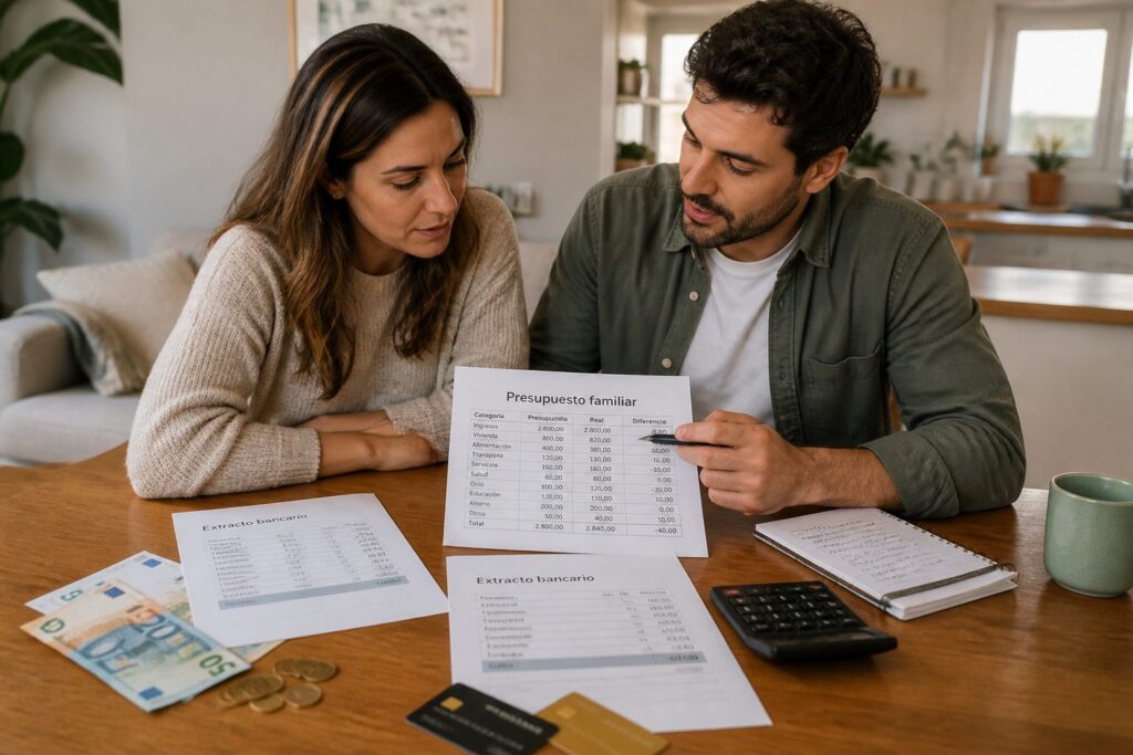 A man and a woman sit at a table reviewing a household budget and bank papers while talking calmly about money.