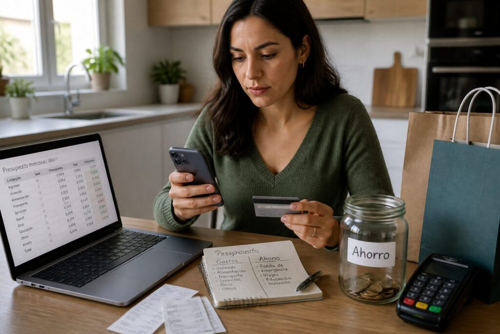 A woman uses her smartphone and a bank card at a kitchen table with a budget notebook and a savings jar.