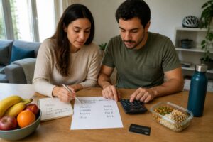 A man and woman review a monthly budget on paper at a kitchen table while using a calculator and planning savings.